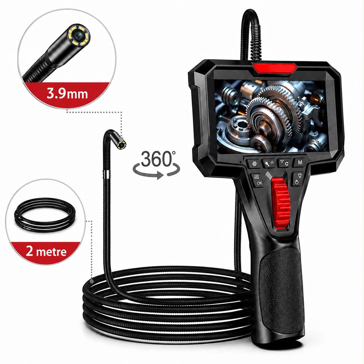 Y400 360 Derece Oynar Başlı 3.9mm Lens 2 Metre Kablo Endüstriyel Endoskop Yılan Kamera